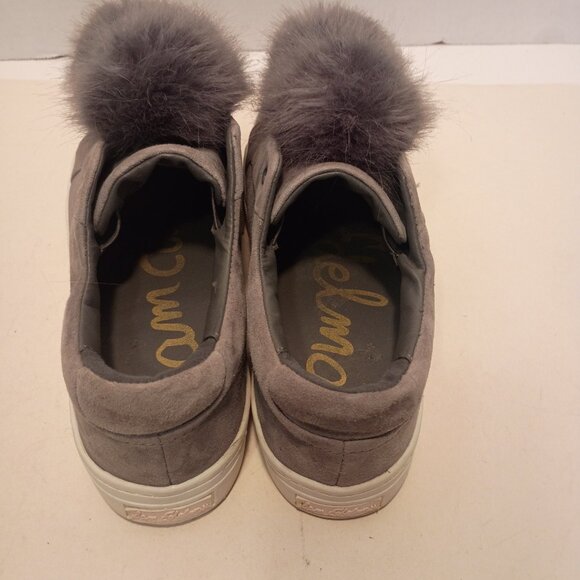 SAM EDELMAN Leya Sz 7.5US/37.5EU Gray Suede Faux Fur Pompoms Stringless Sneaker - Picture 10 of 12